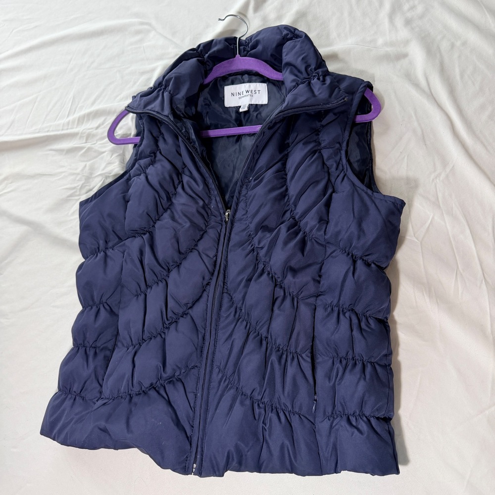 Nine West Puffer Vest Womens L Navy Blue Down Fill Quilted Preppy Gorpcore